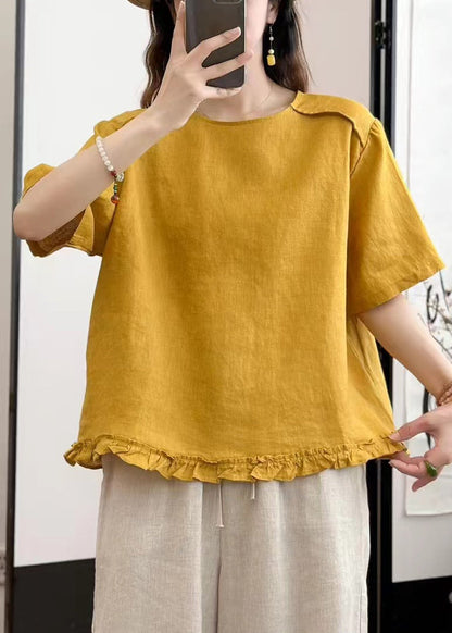 Blouses Linen Button Ruffled Yellow Summer Loose