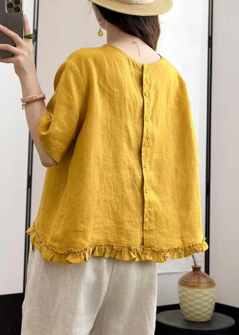 Blouses Linen Button Ruffled Yellow Summer Loose