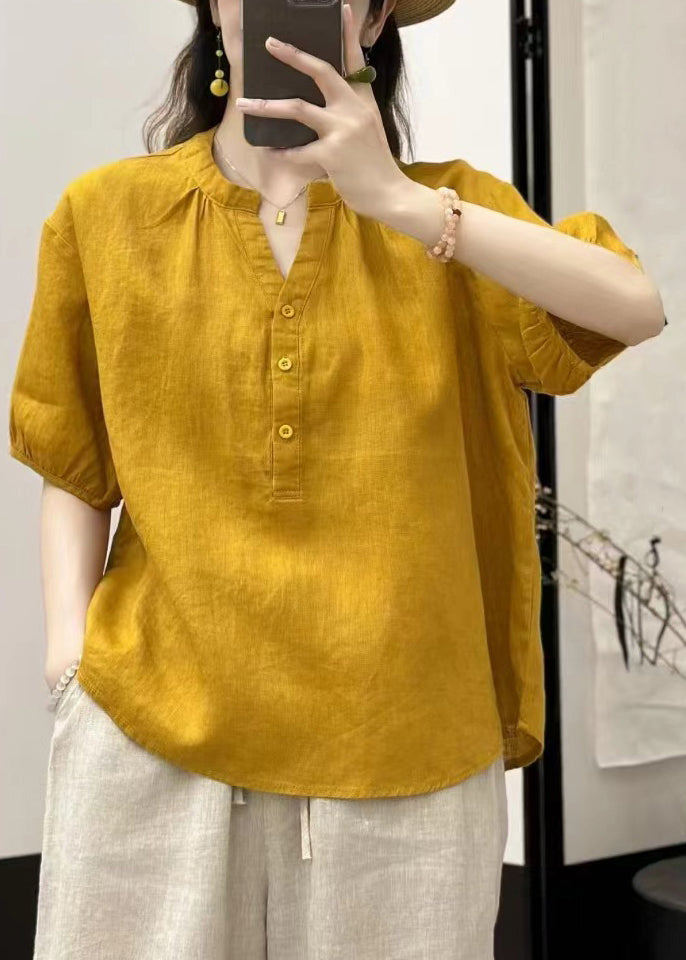 Button Loose Neck V Yellow Blouses Linen Summer