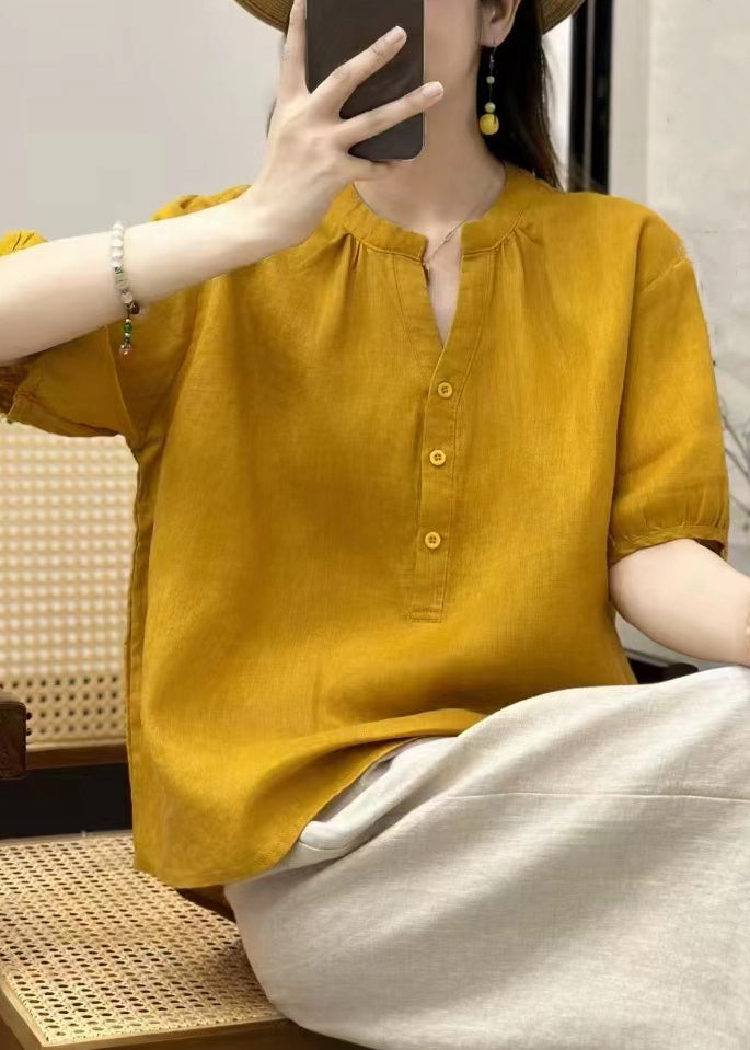 Button Loose Neck V Yellow Blouses Linen Summer