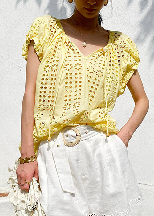 Tops Neck Yellow Cotton Up Lace Summer Hollow Loose V Out