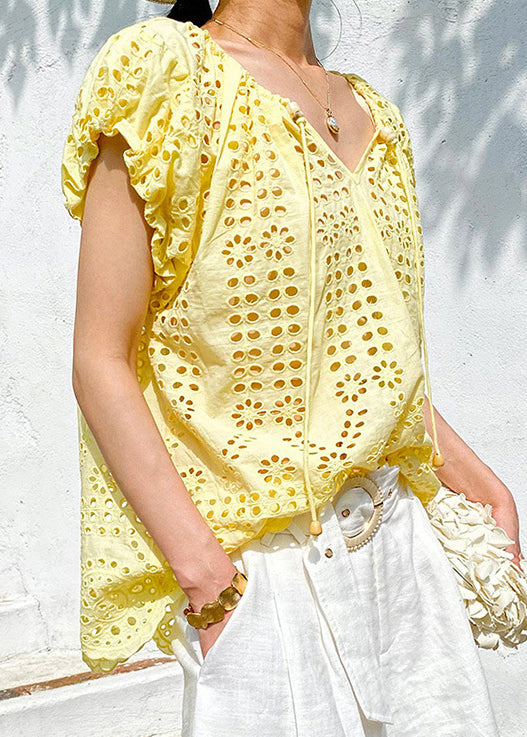 Tops Neck Yellow Cotton Up Lace Summer Hollow Loose V Out