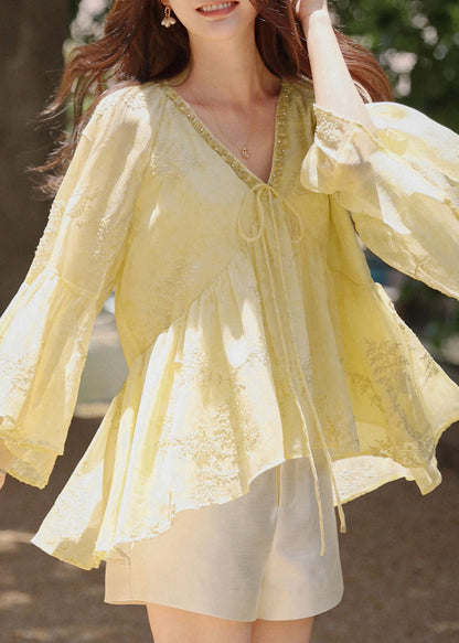 Loose Sleeve Neck Flare V Cotton Yellow Shirt Up Lace