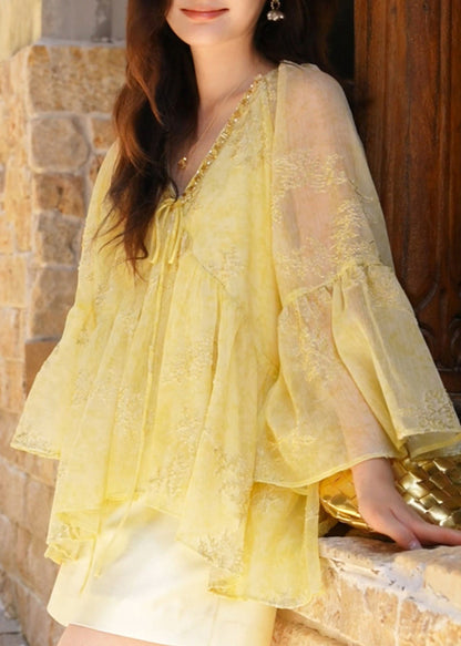 Loose Sleeve Neck Flare V Cotton Yellow Shirt Up Lace