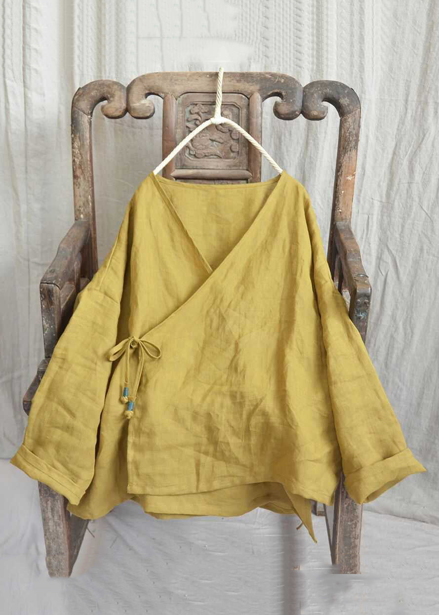 Loose Yellow V Neck Lace Up Solid Linen Shirts Long Sleeve AU1062