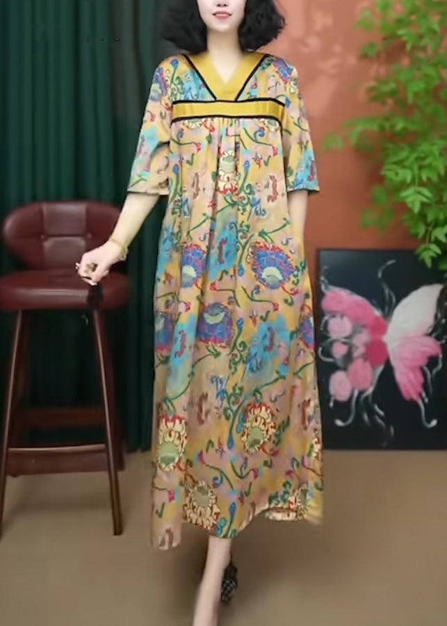 Cotton Dresses Summer Loose Print Long V Neck Yellow