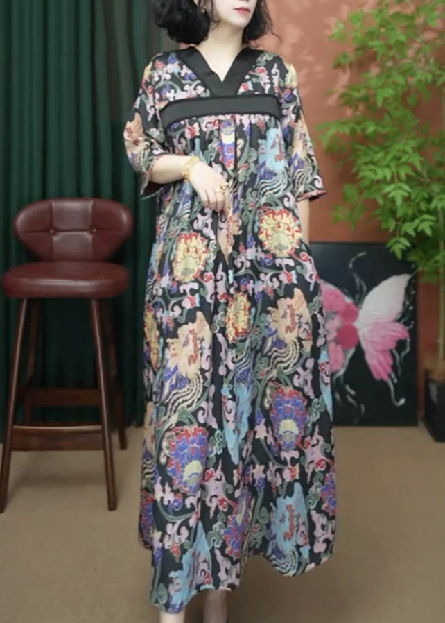 Cotton Dresses Summer Loose Print Long V Neck Yellow