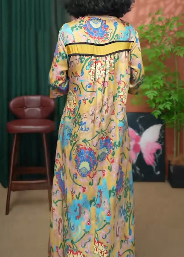 Cotton Dresses Summer Loose Print Long V Neck Yellow