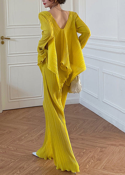 Two Set V Loose Piece Fall Neck Wrinkled Elastic Waist Yellow