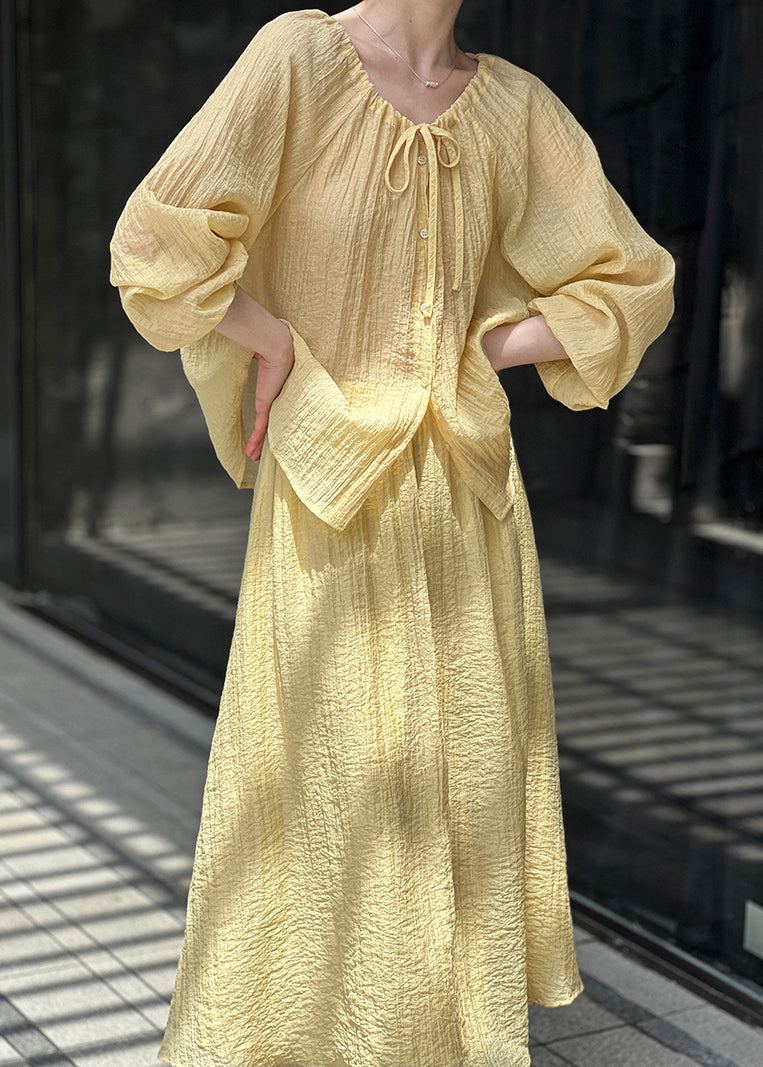 Up Yellow Silk Loose Two Lace Wrinkled Fall Set Pieces