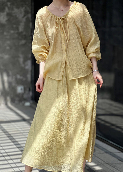 Up Yellow Silk Loose Two Lace Wrinkled Fall Set Pieces