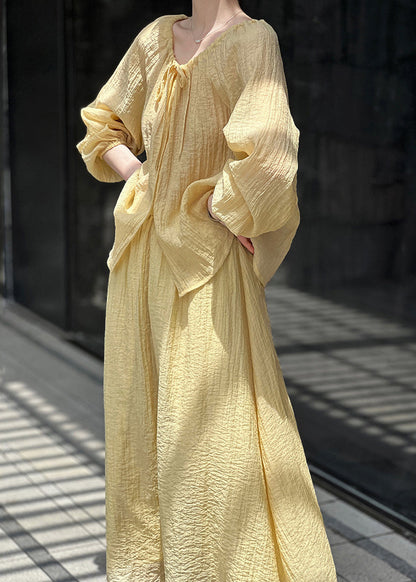 Up Yellow Silk Loose Two Lace Wrinkled Fall Set Pieces