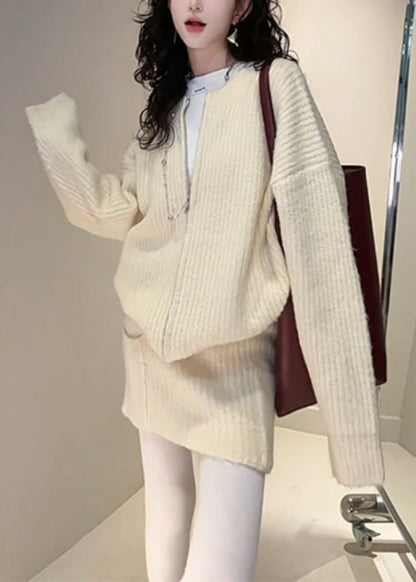 Set Fall Loose And Piece Skirts Cardigan Zippered Knit Yellow Two