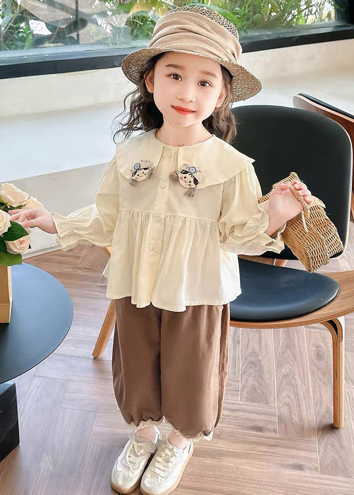 Lovely Apricot Shirts And Coffee Crop Pants Cotton Girls Two Pieces Set Flare Sleeve YU1051