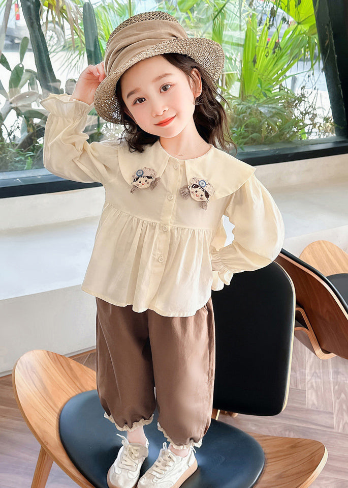 Lovely Apricot Shirts And Coffee Crop Pants Cotton Girls Two Pieces Set Flare Sleeve YU1051