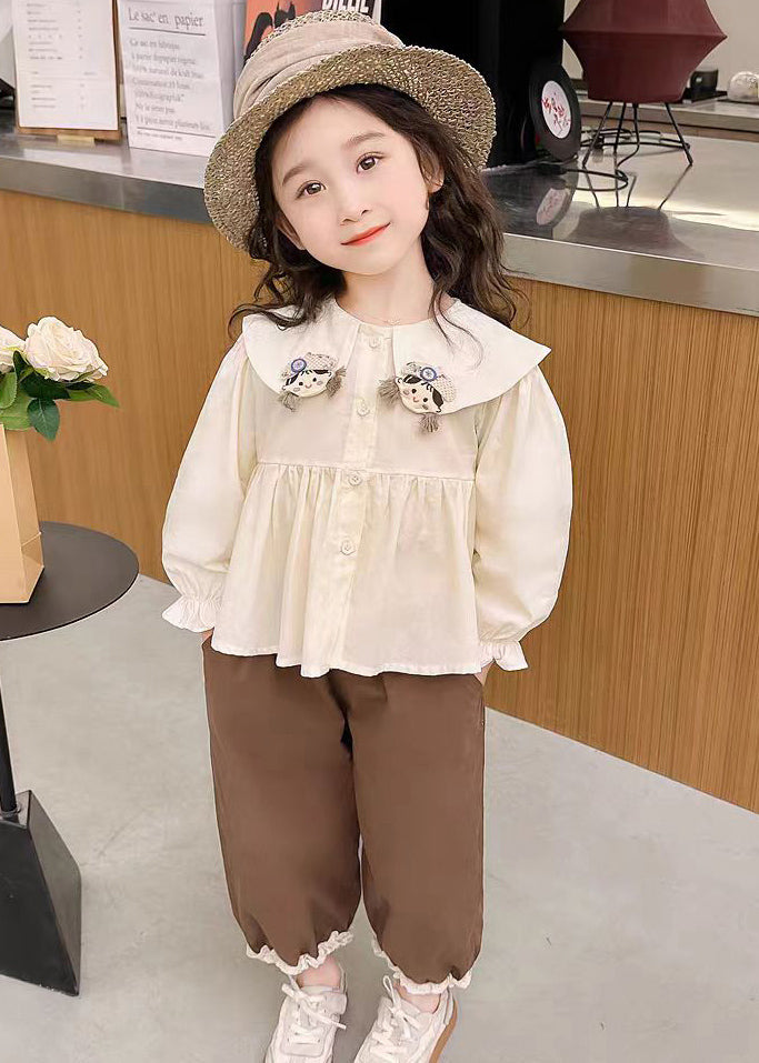 Lovely Apricot Shirts And Coffee Crop Pants Cotton Girls Two Pieces Set Flare Sleeve YU1051