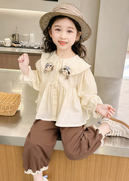 Lovely Apricot Shirts And Coffee Crop Pants Cotton Girls Two Pieces Set Flare Sleeve YU1051