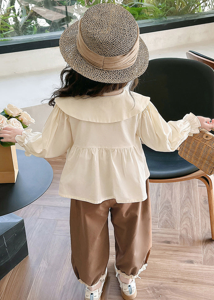 Lovely Apricot Shirts And Coffee Crop Pants Cotton Girls Two Pieces Set Flare Sleeve YU1051