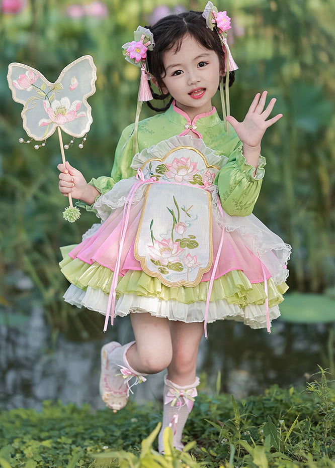 Green Girls Mid Lantern Lovely Tulle Embroideried Button Dress