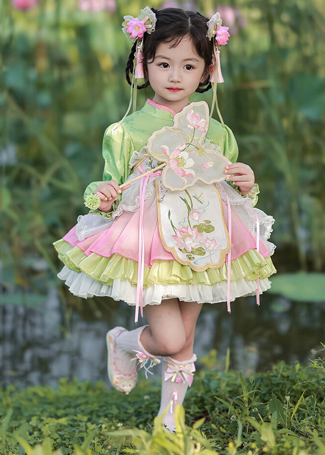 Green Girls Mid Lantern Lovely Tulle Embroideried Button Dress