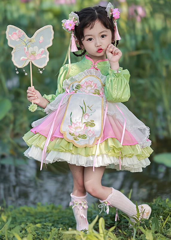 Green Girls Mid Lantern Lovely Tulle Embroideried Button Dress