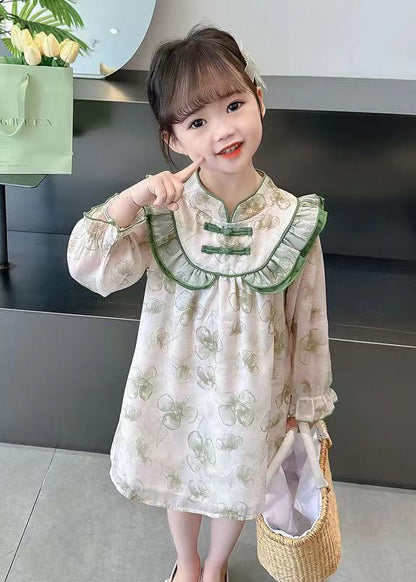 Lovely Green Ruffled Print Cotton Girls Dress Long Sleeve XZ087