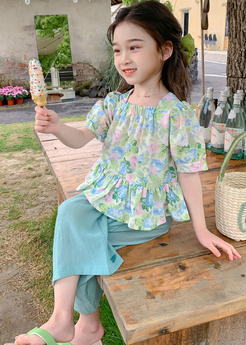 Schönes grünes Patchwork-Top und kurze Hose mit quadratischem Kragendruck für Kinder, zweiteiliges Set für den Sommer SS1022