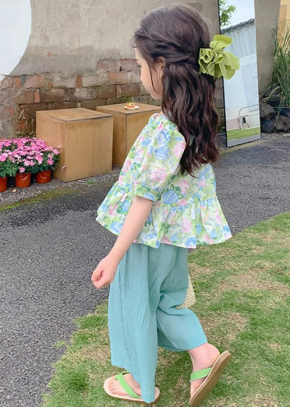 Schönes grünes Patchwork-Top und kurze Hose mit quadratischem Kragendruck für Kinder, zweiteiliges Set für den Sommer SS1022