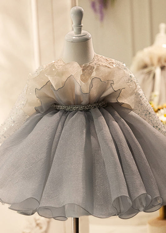 Lovely Sequins Dress Tulle Spring Grey Long Patchwork Girls