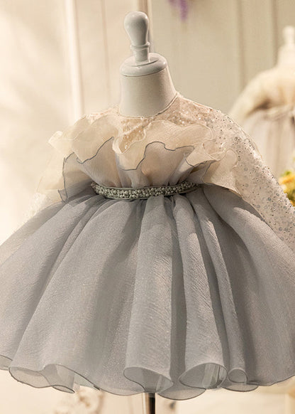 Lovely Sequins Dress Tulle Spring Grey Long Patchwork Girls