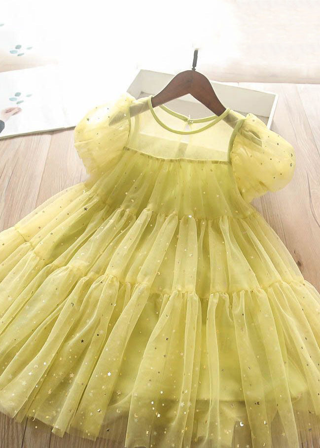 Jolie robe longue en tulle vert clair à col rond et paillettes pour enfants, manches courtes, EW010