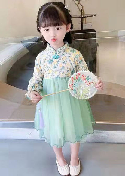 Lovely Light Green Stand Collar Tulle Patchwork Girls Dress Long Sleeve XZ082