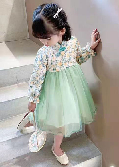 Lovely Light Green Stand Collar Tulle Patchwork Girls Dress Long Sleeve XZ082