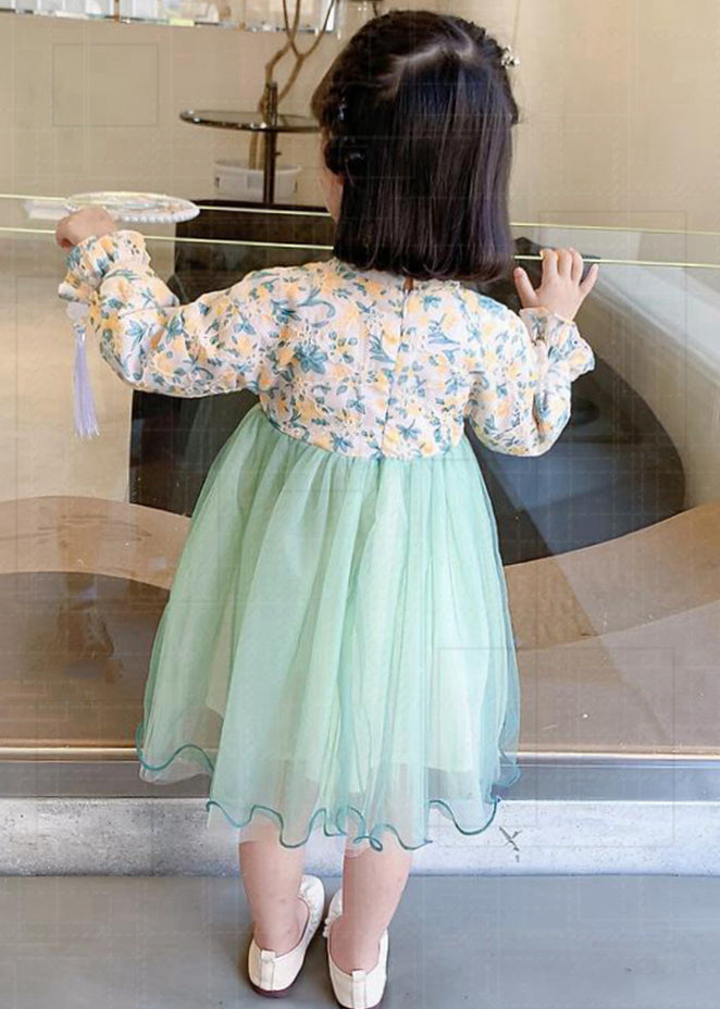 Lovely Light Green Stand Collar Tulle Patchwork Girls Dress Long Sleeve XZ082