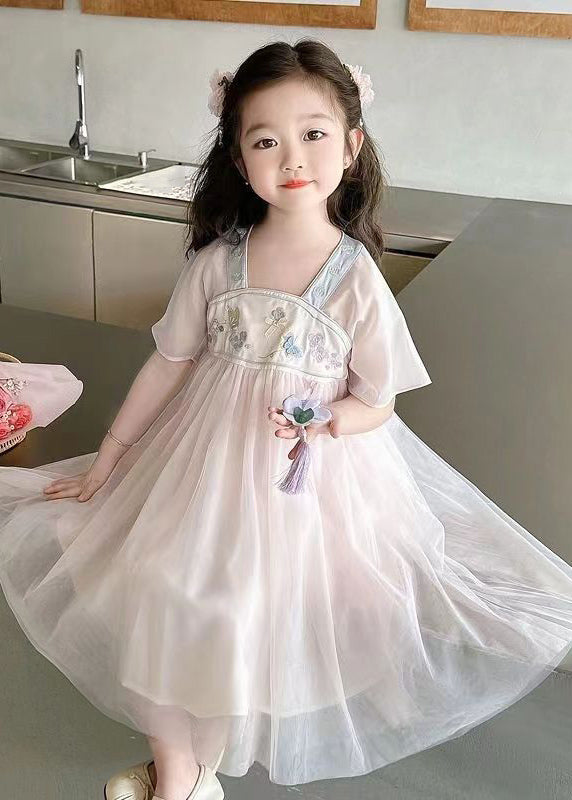 Jolie robe longue rose clair à col carré en tulle brodé pour enfants, été MN011