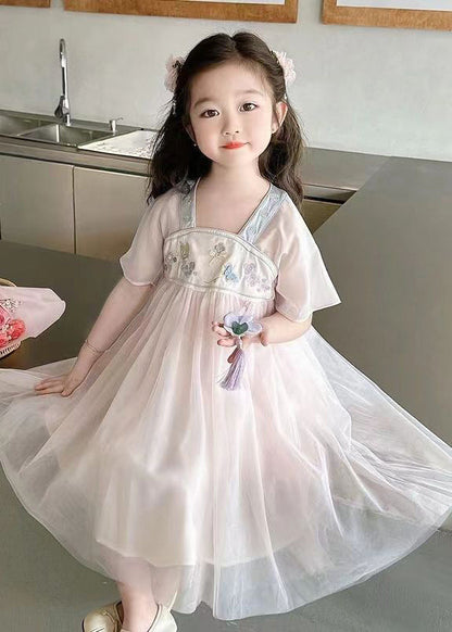 Jolie robe longue rose clair à col carré en tulle brodé pour enfants, été MN011