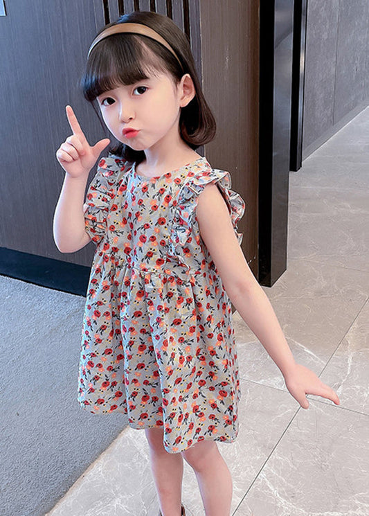 Lovely O-Neck Ruffled Print Kids Maxi Dress Summer SS1035