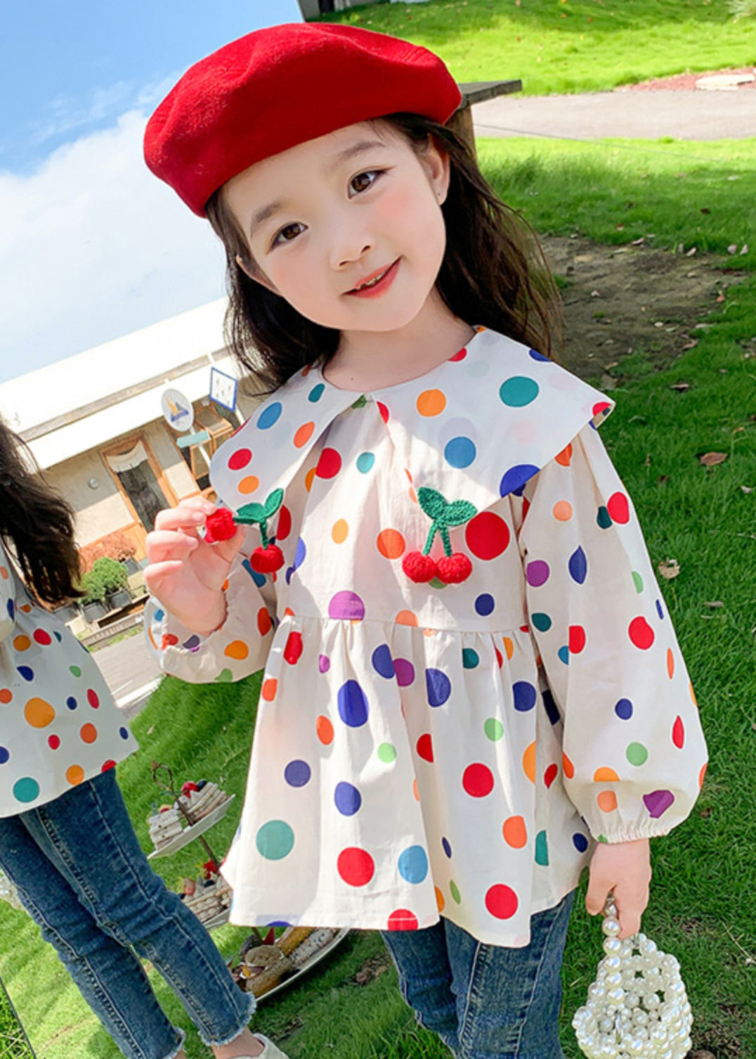 Lovely Peter Pan Collar Dot Cotton Girls Tops Long Sleeve YU1035