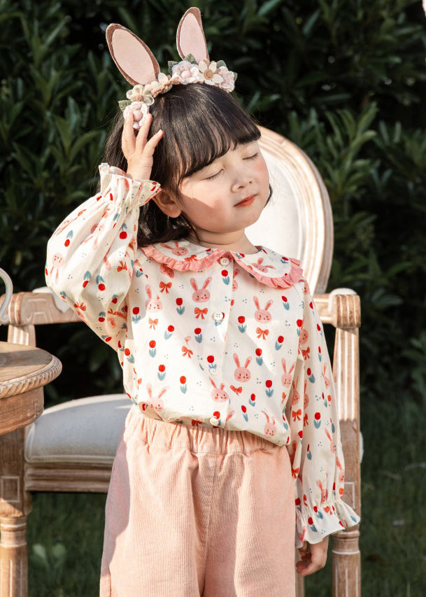 Lovely Pink Button Print Cotton Girls Blouses Long Sleeve YU1059