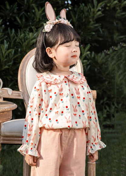 Lovely Pink Button Print Cotton Girls Blouses Long Sleeve YU1059