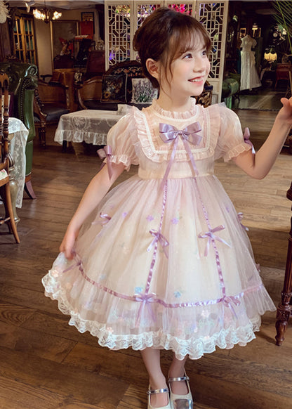 Lovely Pink Patchwork Wrinkled Bow Tulle Kids Mid Dress Short Sleeve XZ001