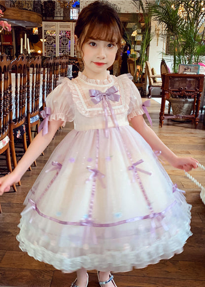 Lovely Pink Patchwork Wrinkled Bow Tulle Kids Mid Dress Short Sleeve XZ001