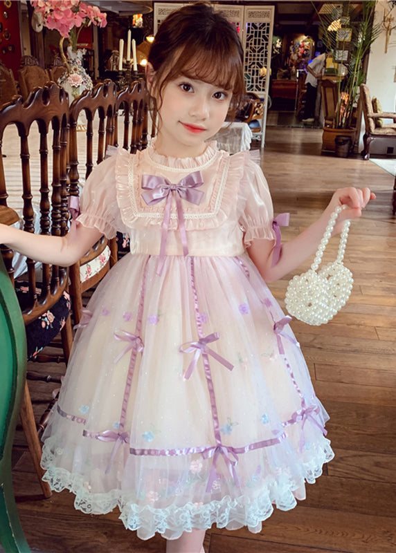 Lovely Pink Patchwork Wrinkled Bow Tulle Kids Mid Dress Short Sleeve XZ001