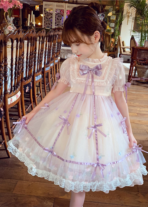 Lovely Pink Patchwork Wrinkled Bow Tulle Kids Mid Dress Short Sleeve XZ001