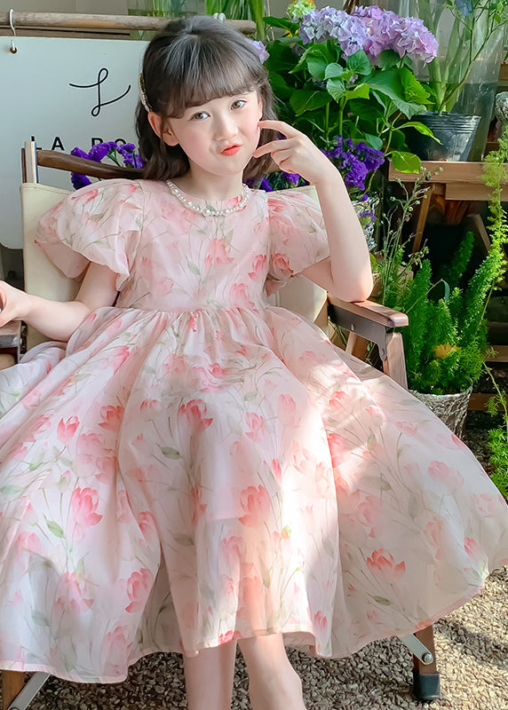 Lovely Pink Print Wrinkled Chiffon Girls Long Dress Short Sleeve XZ028