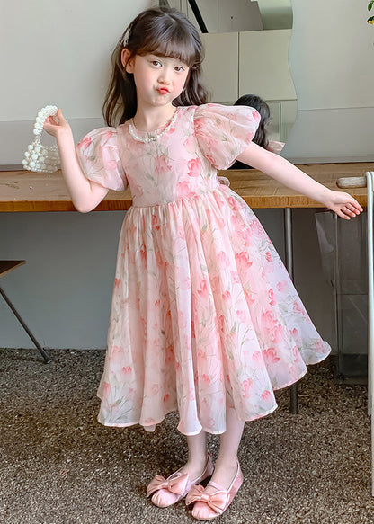 Lovely Pink Print Wrinkled Chiffon Girls Long Dress Short Sleeve XZ028