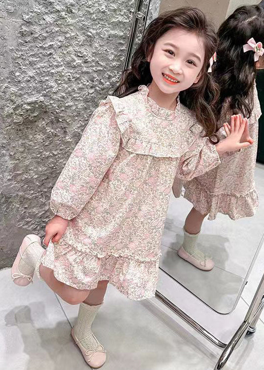 Lovely Pink Ruffled Print Cotton Girls Long Dress Fall XZ085