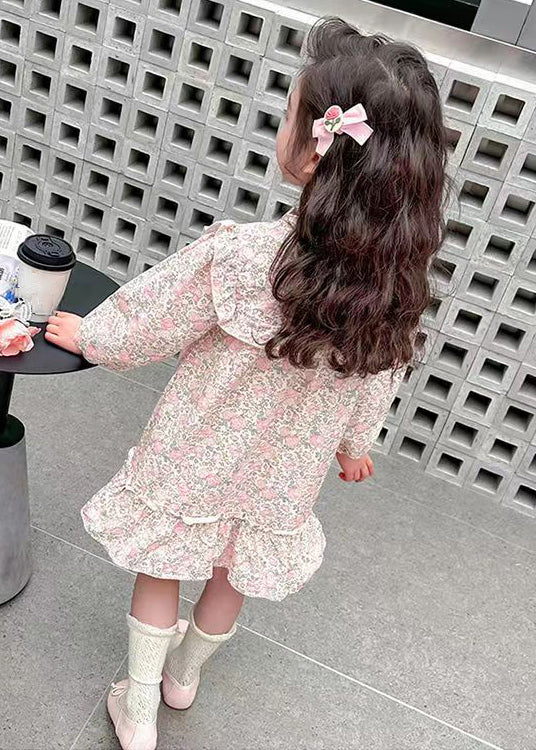 Lovely Pink Ruffled Print Cotton Girls Long Dress Fall XZ085