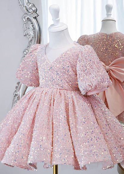 Lovely Pink Sequins Tulle Girls Long Dress Lantern Sleeve YS024