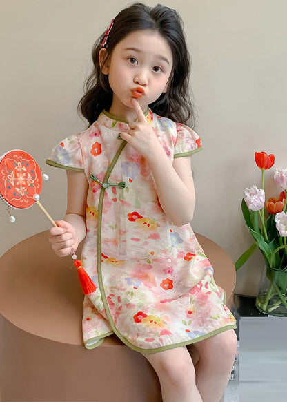 Lovely Pink Stand Collar Patchwork Kids Mid Dresses Short Sleeve MN016